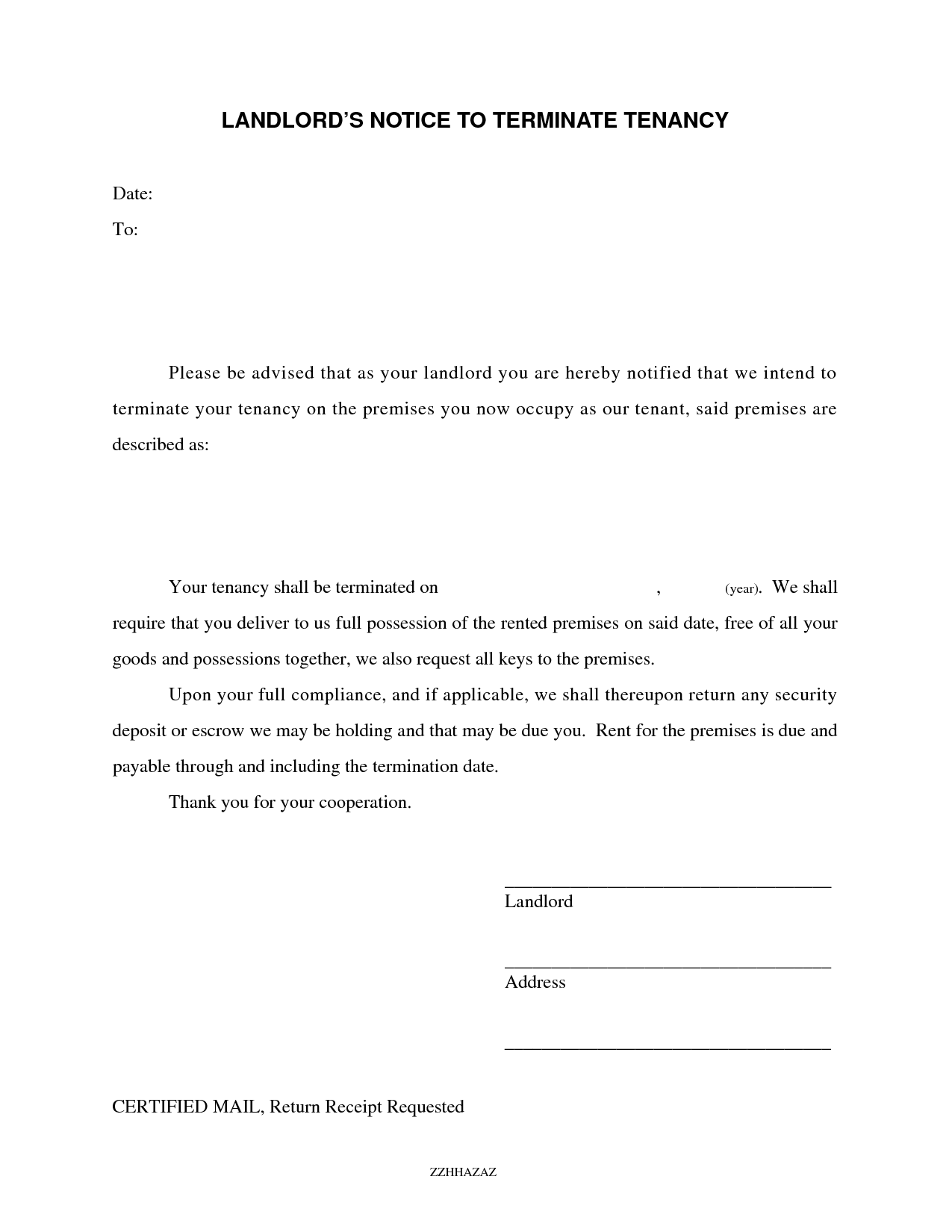 giving notice to tenant sample letter